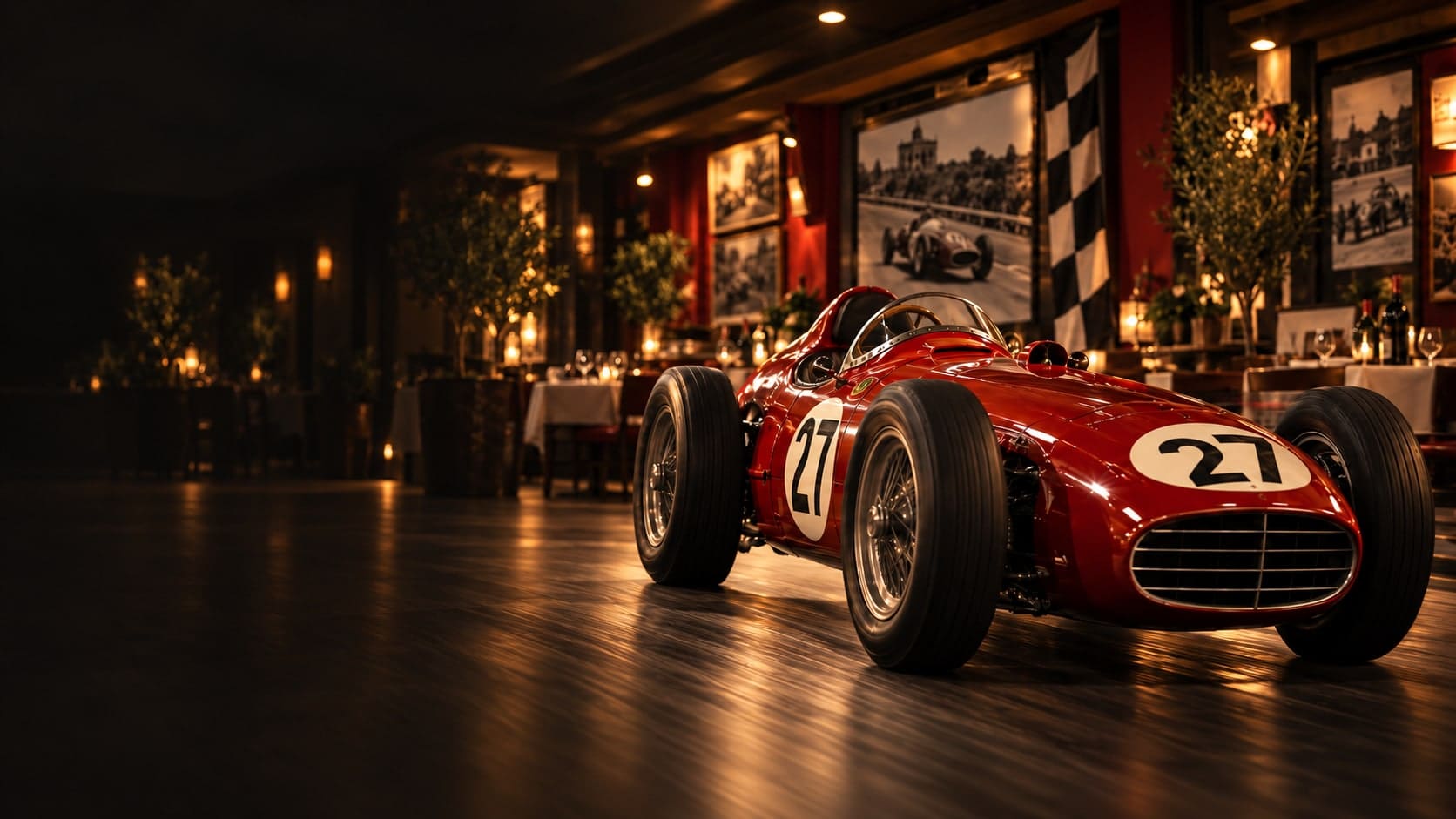 Motorsport-Illustration: roter historischer Rennwagen in einer warm beleuchteten italienischen Osteria